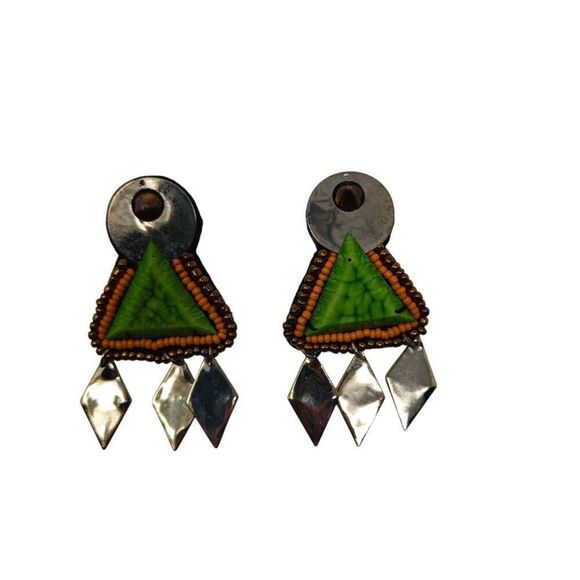 Vintage Geometric Dangle Earrings | Green Triangle with Silver & Orange Bead Acc - Picture 3 of 5